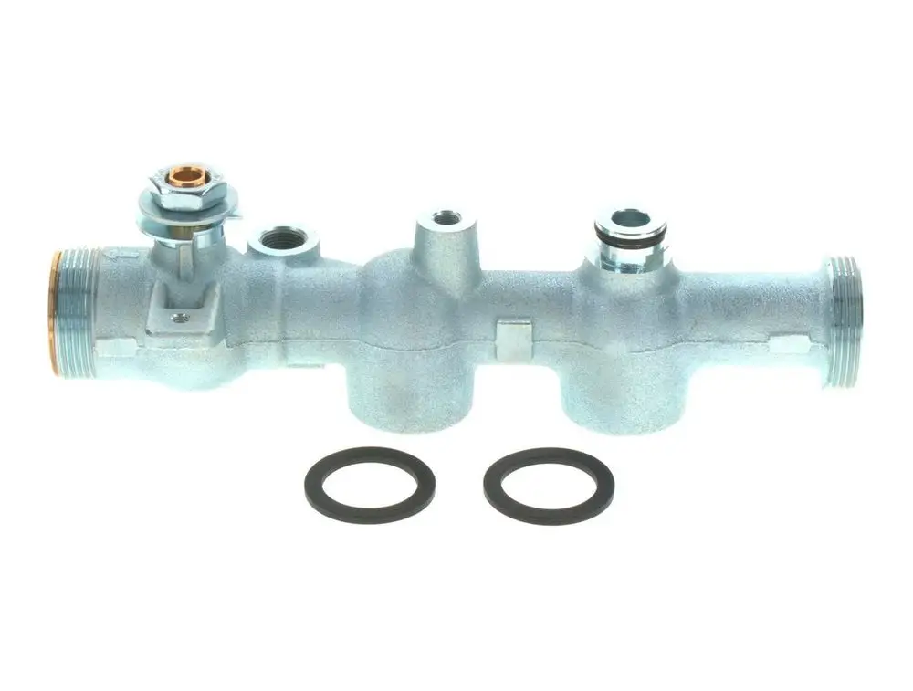 Metallanschlussstück mit mehreren Anschlüssen und Dichtungen, hergestellt von Bosch, geeignet für hydraulische Systeme oder Heizungsinstallationen.